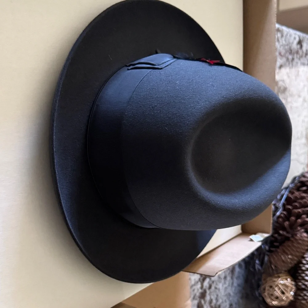 Black Wool Fedora Hat with Feather Accent - Picture 3 of 7